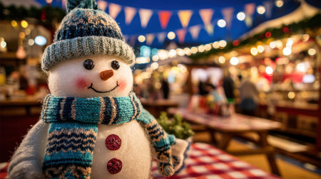 A delightful snowman decoration sits in focus, surrounded by bright lights and festive decorations at a winter holiday market, evoking warmth and joy.の素材