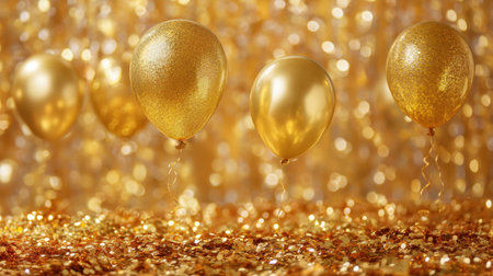 A stunning arrangement of golden balloons against a shimmering backdrop. Perfect for party themes, celebrations, and joyful events, adding a festive touch.の素材