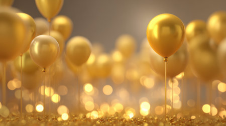 A dreamy scene filled with golden balloons, creating a festive atmosphere full of joy and celebration, perfect for events, parties, and memorable moments.の素材