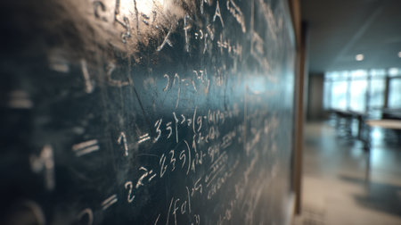 Detailed view of mathematical equations written on a black chalkboard, capturing an academic environment ideal for education and learning.の素材