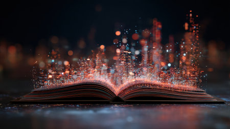 An open book reveals a stunning cityscape of shimmering light particles, symbolizing the magic of imagination and creativity. Perfect for storytelling themes.の素材