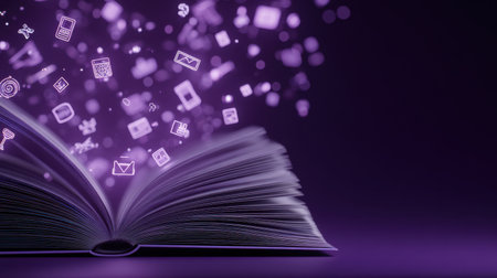 An open book releases glowing digital icons and symbols into the air, blending imagination and technology. This design symbolizes knowledge and creativity in a modern context.の素材