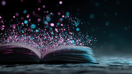 An open book emanates colorful magic particles in a dreamy atmosphere. This captivating scene symbolizes creativity and imagination through art and literature.の素材