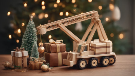 A charming wooden toy crane surrounded by beautifully wrapped gifts and a festive tree, evoking warmth and nostalgia in a cozy holiday atmosphere.の素材