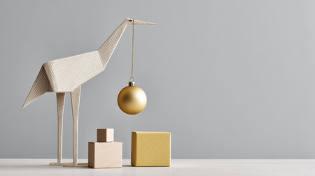 A whimsical paper giraffe ornament hangs a golden ball beside geometric wooden blocks, creating a playful and elegant minimalist decoration for any space.の素材