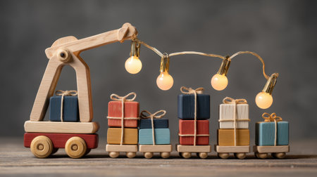 A charming wooden toy crane carries vibrant gift boxes adorned with lights, creating a festive and playful atmosphere perfect for holiday celebrations.の素材