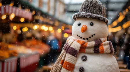 A delightful snowman adorned with a hat and scarf stands cheerfully amidst a bustling winter market, surrounded by twinkling lights and festive decor.の素材