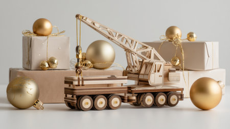 Delightful wooden toy crane stands beside beautifully wrapped gifts and gold ornaments, creating a charming holiday scene perfect for festive celebrations.の素材