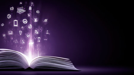 An open book radiates glowing icons symbolizing knowledge and innovation. This captivating visual represents the interconnectedness of learning, technology, and creativity.の素材