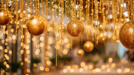 A captivating display of golden Christmas ornaments hanging amidst soft glowing lights, creating a festive atmosphere perfect for holiday celebrations and gatherings.の素材