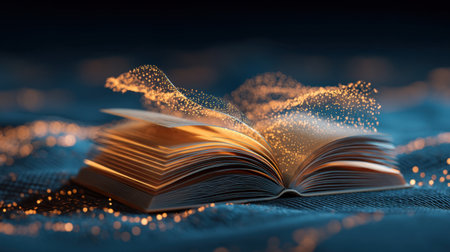An enchanting open book creates a magical atmosphere with sparkling light and floating particles, symbolizing imagination and the joy of reading.の素材