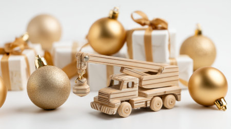 A charming wooden crane toy is surrounded by golden ornaments and gift boxes, creating a delightful holiday atmosphere perfect for Christmas celebrations.の素材