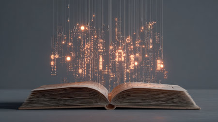 An open book with glowing digital symbols floating above its pages, representing the fusion of traditional reading and modern technology, illustrating creativity and knowledge.の素材