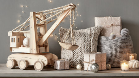 A charming wooden toy crane surrounded by beautifully wrapped gifts and soft textiles creates a cozy holiday atmosphere. Perfect for festive decor.の素材