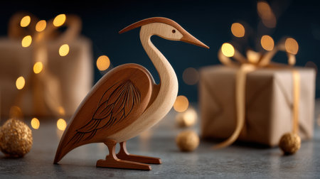A beautifully crafted wooden bird figurine stands elegantly beside holiday gifts, creating a cozy and warm atmosphere, perfect for seasonal decor and celebrations.の素材