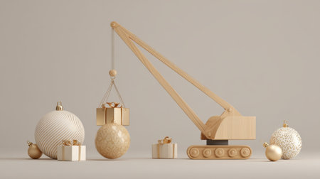 A wooden crane lifts gift boxes and ornaments against a minimalist backdrop, creating a playful and festive atmosphere perfect for holiday designs. Ideal for creative projects.の素材