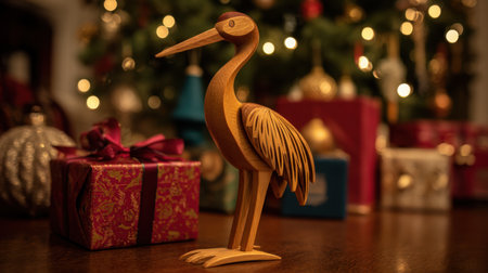 This elegant wooden bird sculpture adds charm to any festive setting, showcasing detailed craftsmanship while enhancing holiday spirit and warm ambiance.の素材