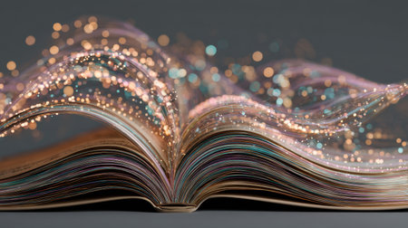 An enchanting image of an open book surrounded by vibrant light trails and magical sparkles, symbolizing creativity and the joy of storytelling.の素材