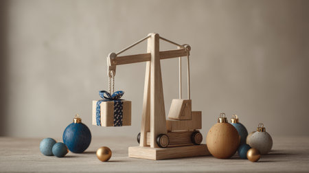A charming wooden crane holds a beautifully wrapped gift box amidst vibrant ornaments, creating a cozy holiday atmosphere perfect for festive celebrations.の素材