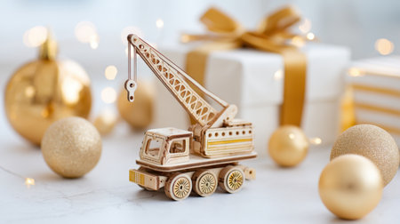 A charming wooden toy crane adorned with golden details, surrounded by festive ornaments and presents. Perfect for capturing the holiday spirit.の素材