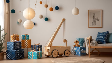 A cozy kids room featuring a wooden toy crane, colorful gift boxes, and soft textures. Ideal for creating a playful and creative environment for children.の素材