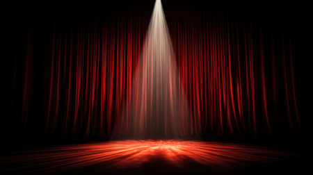 A stunning theatrical stage featuring rich red curtains and an illuminating spotlight creates an evocative atmosphere for performance and drama.の素材
