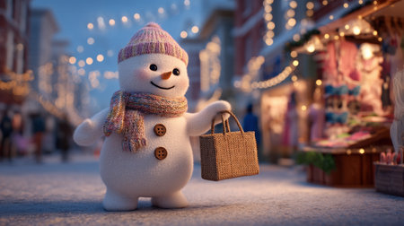 A delightful snowman holding a shopping bag stands in a lively winter market, surrounded by festive lights, showcasing the joy of the holiday season.の素材