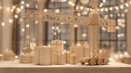 A delightful wooden crane lifts beautiful gifts in a cozy holiday setting, surrounded by warm lights and charming decor, evoking joy and festive spirit.の素材