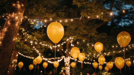 A vibrant outdoor scene featuring yellow balloons and twinkling string lights, creating a joyful and festive atmosphere for evening gatherings and celebrations.の素材
