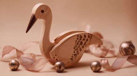 A charming wooden swan decoration surrounded by soft ribbons and golden balls. Ideal for festive home decor, this piece adds a touch of elegance and warmth.の素材