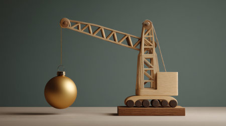 A wooden crane lifts a golden ornament, blending creativity and minimalism. This unique design piece adds elegance to any festive decor or artistic display.の素材