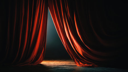 A captivating image of dramatic stage curtains partially open, revealing a bright light behind them. The scene evokes anticipation and excitement in a theatrical setting.の素材
