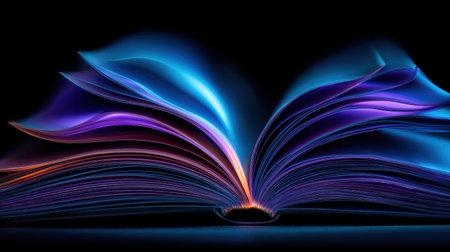 An artistic representation of an open book with glowing, vibrant pages. The striking colors and illumination create a sense of magic and imagination, perfect for literary themes.の素材