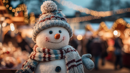 A charming snowman figurine showcases a joyful expression at a winter holiday market. Soft lights twinkle in the background, creating a festive atmosphere.の素材