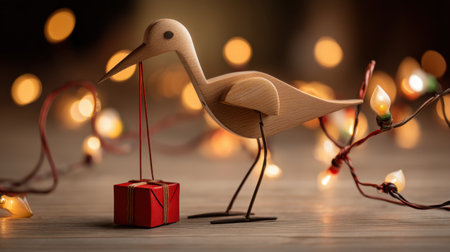 A charming wooden bird holds a small gift box against a backdrop of glowing string lights, evoking a warm, festive atmosphere perfect for seasonal celebrations.の素材