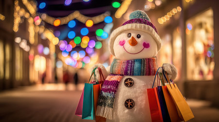 A cheerful snowman stands proudly on a vibrant street during the holiday season, holding colorful shopping bags. This festive scene captures the joy and warmth of winter celebrations.の素材