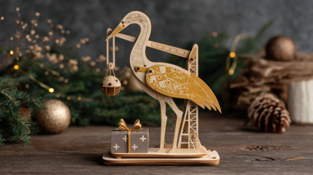 This beautifully crafted wooden stork figurine showcases artistry and elegance. It holds a festive ornament and a gift, perfect for seasonal decor.の素材