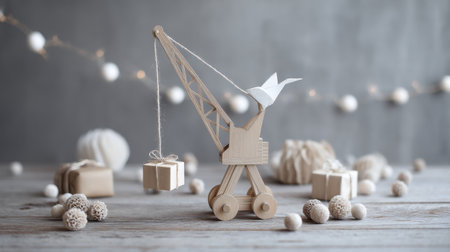 A charming wooden crane features a paper bird and gift boxes, creating a whimsical holiday decoration. Soft colors and rustic elements enhance the festive scene.の素材