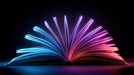 This captivating image features an open book illuminated with vibrant neon colors against a dark backdrop, creating an enchanting visual perfect for themes of knowledge and inspiration.の素材