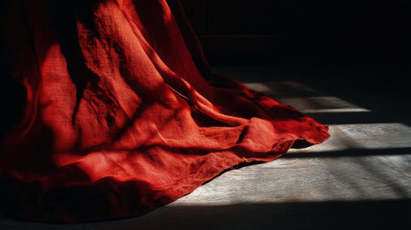 Elegant draping of vivid red fabric interacts with soft shadows on the floor, creating a warm and inviting atmosphere in a serene indoor space.の素材