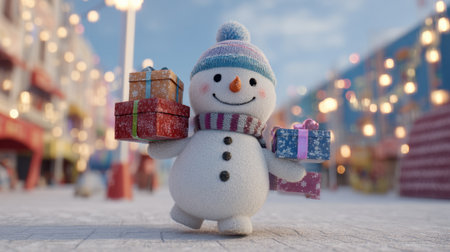 A charming snowman stands joyfully amidst a festive winter scene, holding gifts in each hand surrounded by colorful decorations and warm lights.の素材