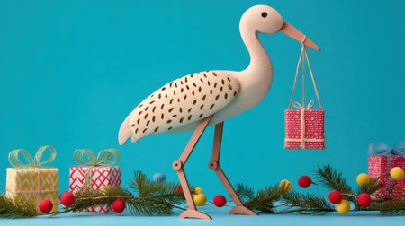 A charming wooden stork holding a gift stands against a vibrant blue background, surrounded by colorful Christmas decorations, adding a playful touch to holiday decor.の素材