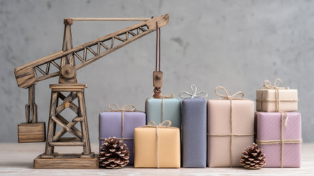 A charming scene featuring a wooden crane beside colorful gift boxes, perfect for adding a festive touch to holiday decor and celebrations.の素材