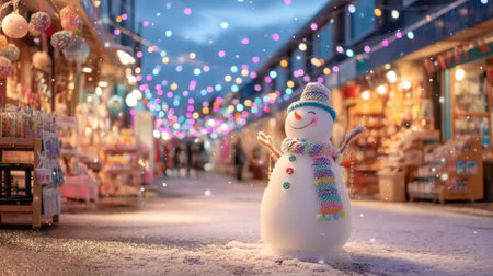 A delightful snowman stands in a charming winter market, adorned with colorful lights and surrounded by a magical, festive atmosphere. Perfect for holiday themes.の素材