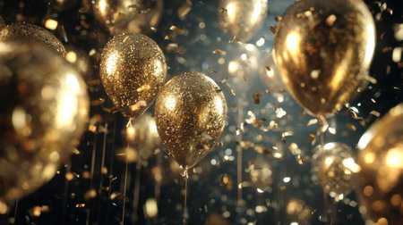 A stunning display of gold glitter balloons floating in a vibrant festive atmosphere, immersed in a flurry of shimmering confetti, creating an enchanting scene.の素材
