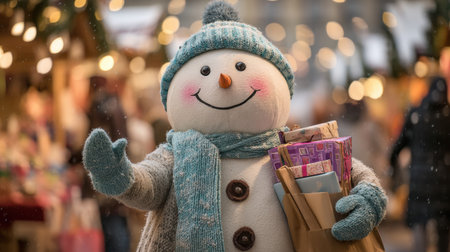 A joyful snowman greets visitors at a lively holiday market, holding colorful gifts. The enchanting atmosphere features festive lights and joyful crowds.の素材