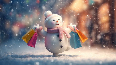 A cheerful snowman joyfully carries colorful shopping bags in a snowy winter scene, capturing the essence of festive spirit and holiday fun amidst falling snowflakes.の素材