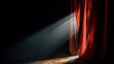 A captivating scene featuring a beam of light filtering through an open curtain in a dark theater, creating an intriguing atmosphere for performances.の素材