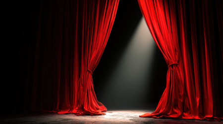 A captivating image of rich red curtains parted, revealing a spotlight in a dark theater. This scene evokes anticipation and elegance for theatrical performances.の素材