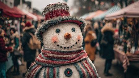 A charming snowman with a bright smile and colorful scarf stands out at a bustling winter market, evoking festive cheer and a joyful atmosphere.の素材